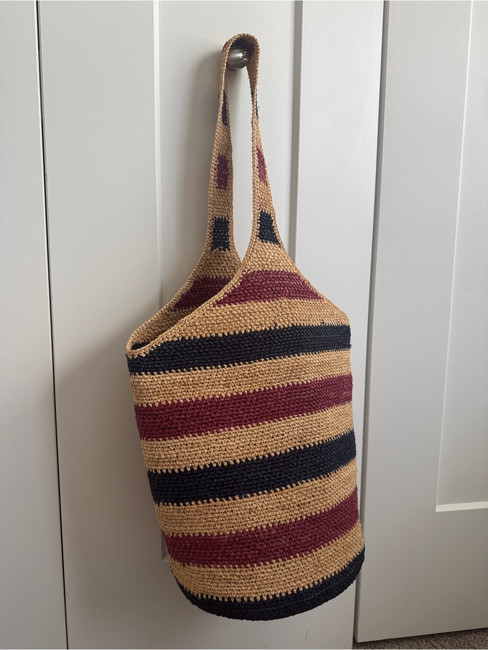 Striped Crochet Hobo Bag in Tan, Black & Burgundy